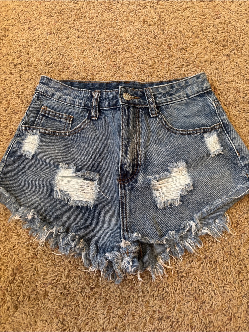 EUC SHEIN Distressed Frayed Hem Denim Shorts - Blue